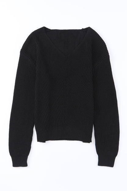 Ribbed Knit V Neck Sweater | Black