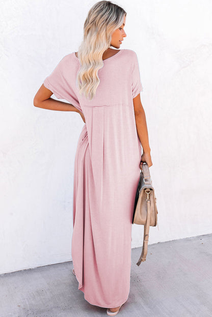 V Neck Hidden Pocket Splits Maxi T-Shirt Dress | Pink