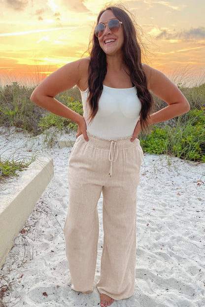 Smocked High Waist Wide Leg Plus Size Pants | Beige