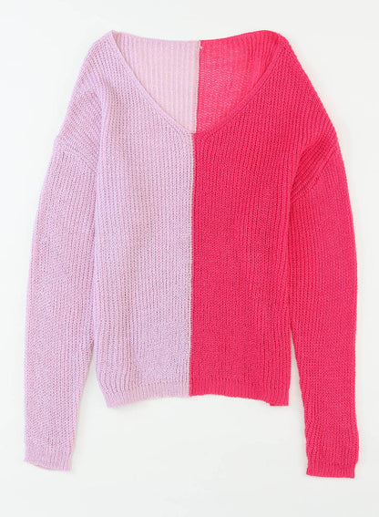 Long Sleeve V-Neck Colourblock Sweater | Pink