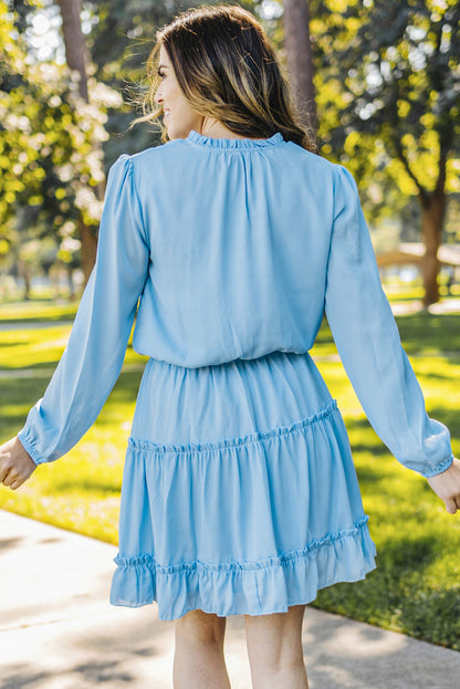 Light Blue V Neck Long Sleeve Ruffle Tiered Mini Dress | Sky Blue