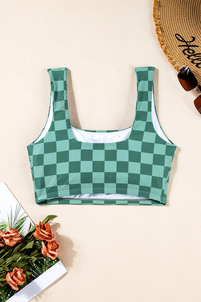 Checkered Print Square Neck Cropped Swim Top | Green