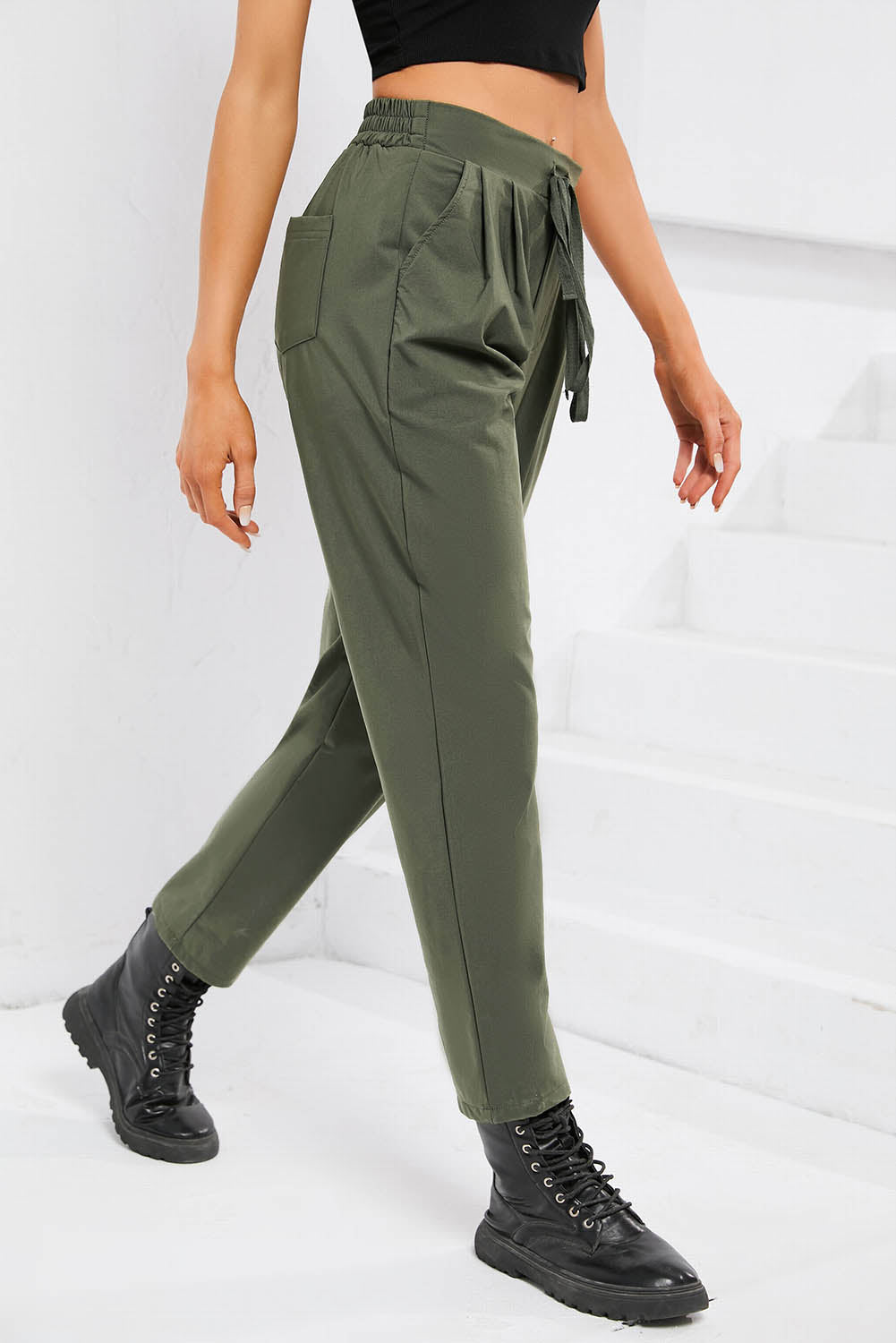 Casual Elastic Drawstring Waist Pants | Green