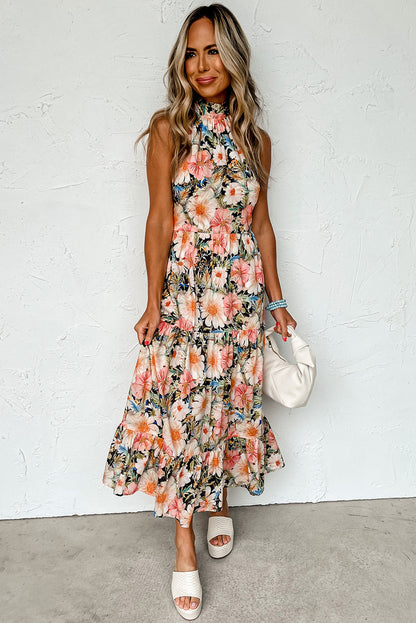 Boho Floral Print Knotted Halter Ruffled Maxi Dress | Black