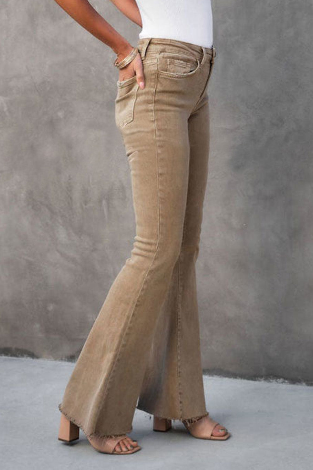 Raw Hem High Waist Flare Jeans | Khaki