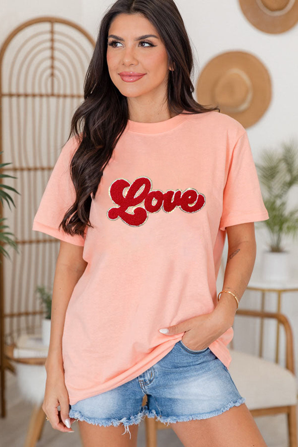 Chenille Love Patched Pattern Round Neck Valentines T Shirt | Pink