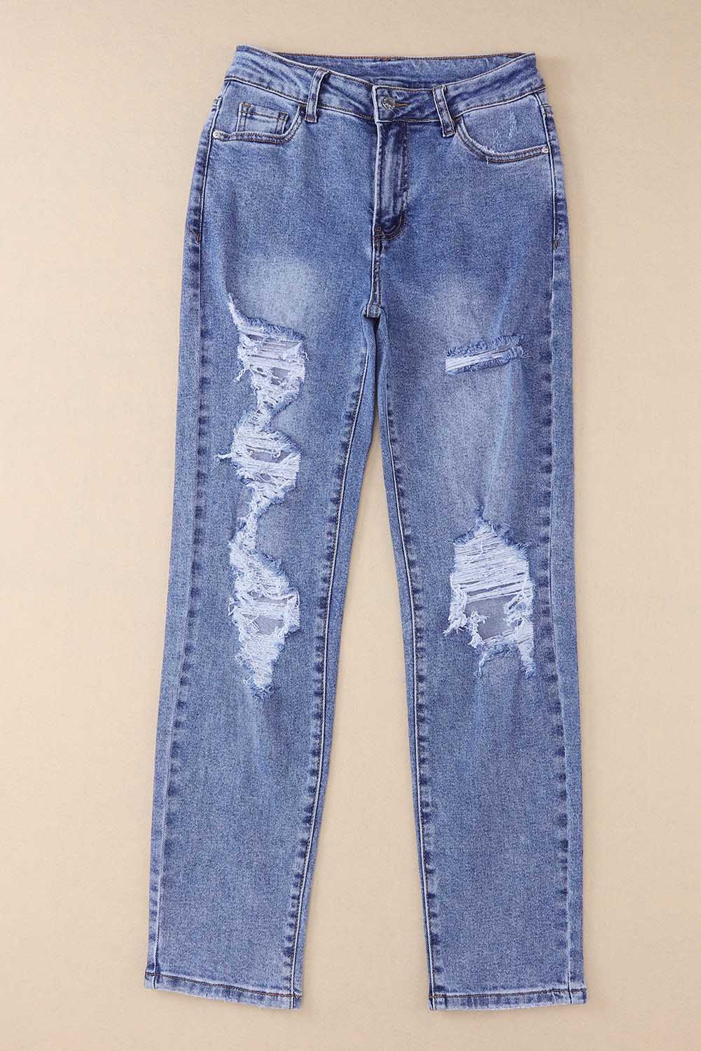 Heavy Destroyed Big Hole Boyfriend Jeans | Sky Blue