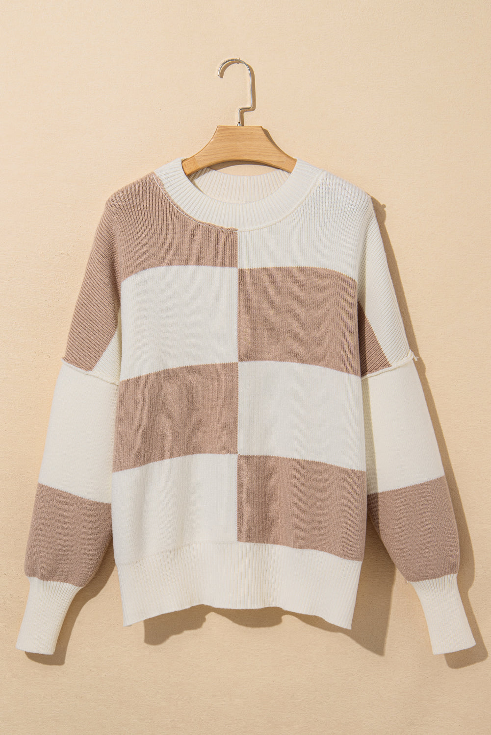 Checkered Side Slits Drop Shoulder Oversized Sweater | Khaki