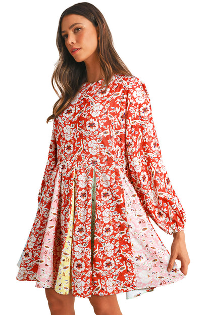 Colourful Floral Patchwork Long Sleeve Pleated Mini Dress | Red