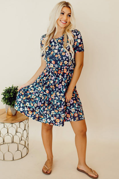 Short Sleeve A-Line Floral Dress | Blue