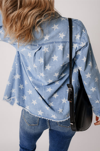 Star Print Light Wash Raw Hem Denim Jacket | Sky Blue