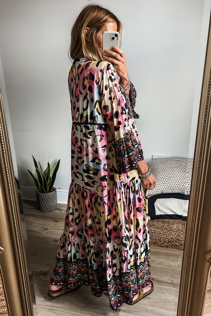 Western Leopard Printed 3/4 Sleeve Buttoned Front Tiered Maxi Dress | Pink