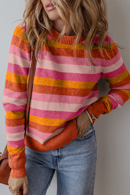 Colour Block Ribbed Edge Round Neck Sweater | Orange