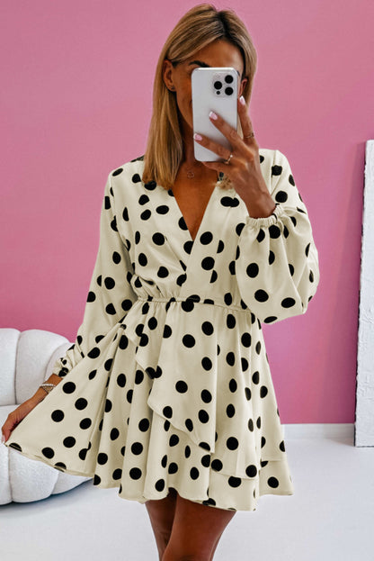 Polka Dot Printed Surplice V Neck Puff Sleeve Mini Dress | Beige