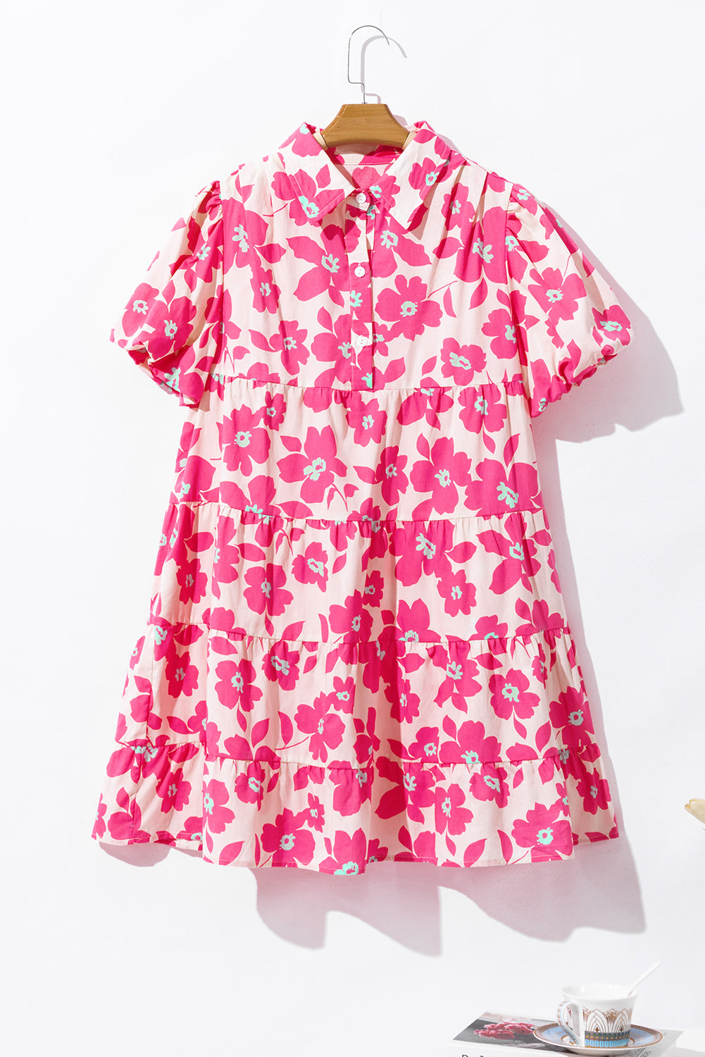 Floral Tiered Puff Sleeve Mini Shirt Dress | Pink