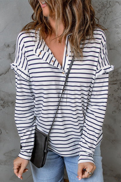 Striped Print Ruffled Buttoned Long Sleeve Top | White