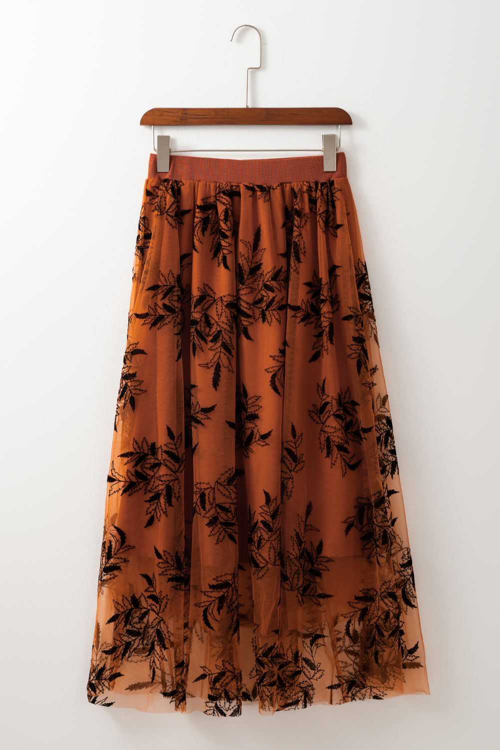 Floral Leaves Embroidered High Waist Maxi Skirt | Gold Flame