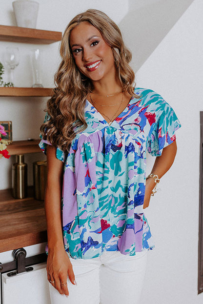 Abstract Print V Neck Flutter Sleeve Blouse | Sky Blue