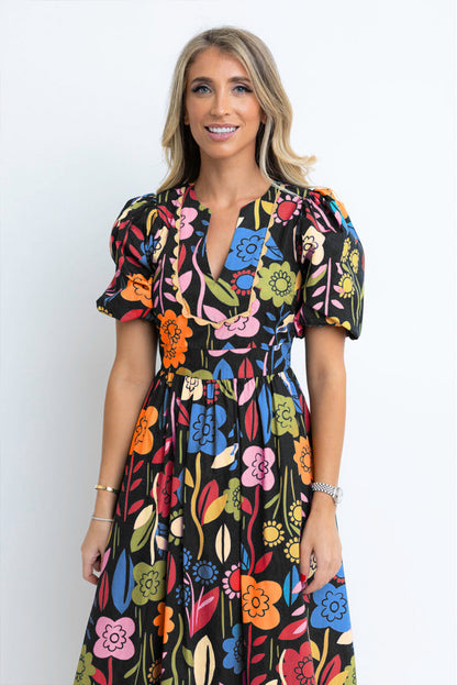 Retro Floral Printed Split Neck Maxi Dress | Black