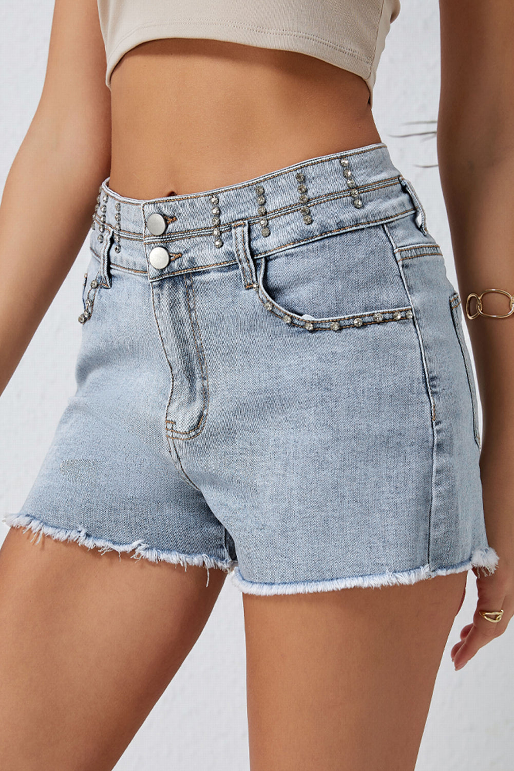 Diamond Studded Vintage Wash Denim Shorts | Sky Blue