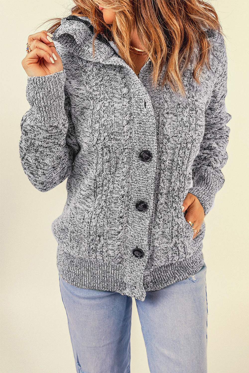 Dark Gray Long Sleeve Button-Up Hooded Cardigans | as shown