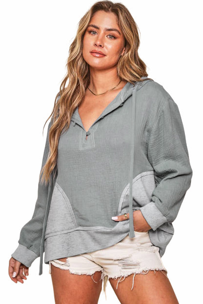 Contrast Patchwork Pullover Casual Hoodie | Gray