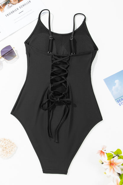 Thin Strap Strappy Lace-Up Open Back One Piece Swimsuit | Black