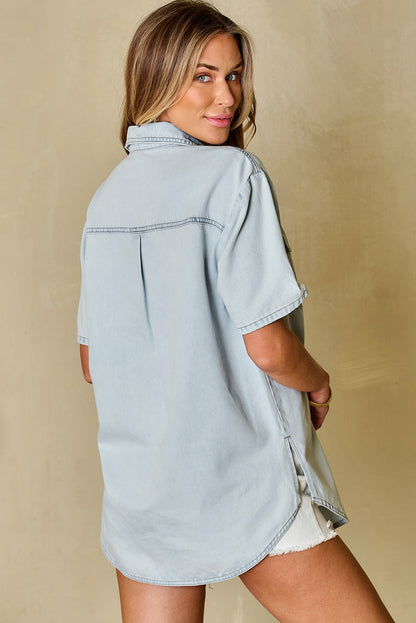 Vintage Light Wash Flap Pockets Rounded Hem Shirt | Mist Blue