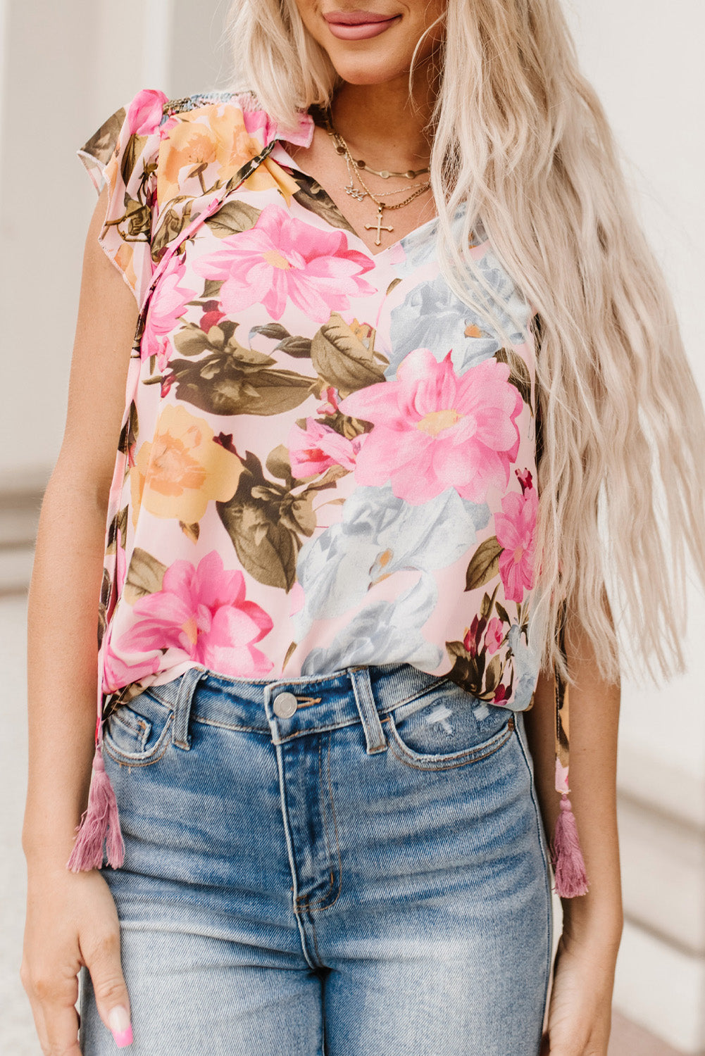 Floral Print Tassel Tie Short Sleeve Blouse | Pink