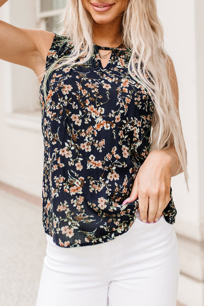 Cutout Decor Round Neck Floral Tank Top | Blue