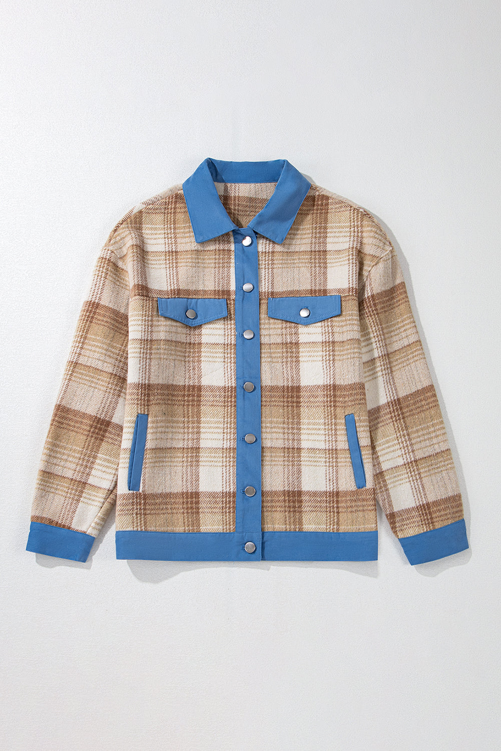 Plaid Patchwork Flap Detail Button Up Shacket | Light French Beige