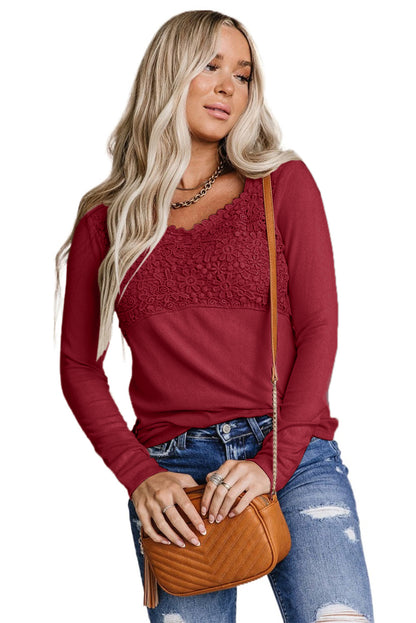 Fiery  Lace Crochet V Neck Long Sleeve Top | Red