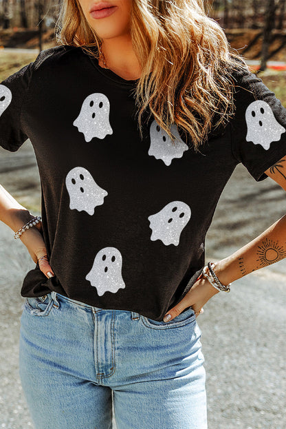 Glitter Ghost Pattern Crew Neck Halloween T Shirt | Black