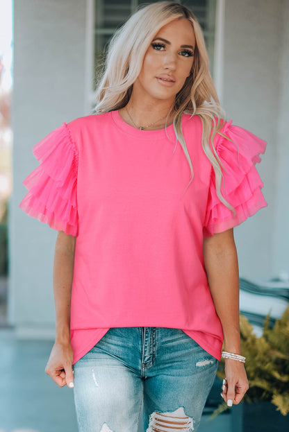 Tulle Ruffle Sleeve Blouse | Pink