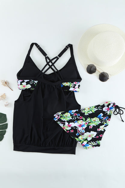 Layered-Style Floral Tankini With Triangular Briefs | Black