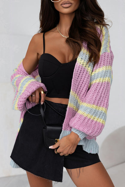 Contrast Striped Open Front Cable Cardigan | Pink