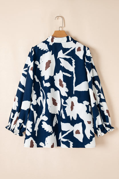 Abstract Floral Print Puff Sleeve Half Button Blouse | Sail Blue