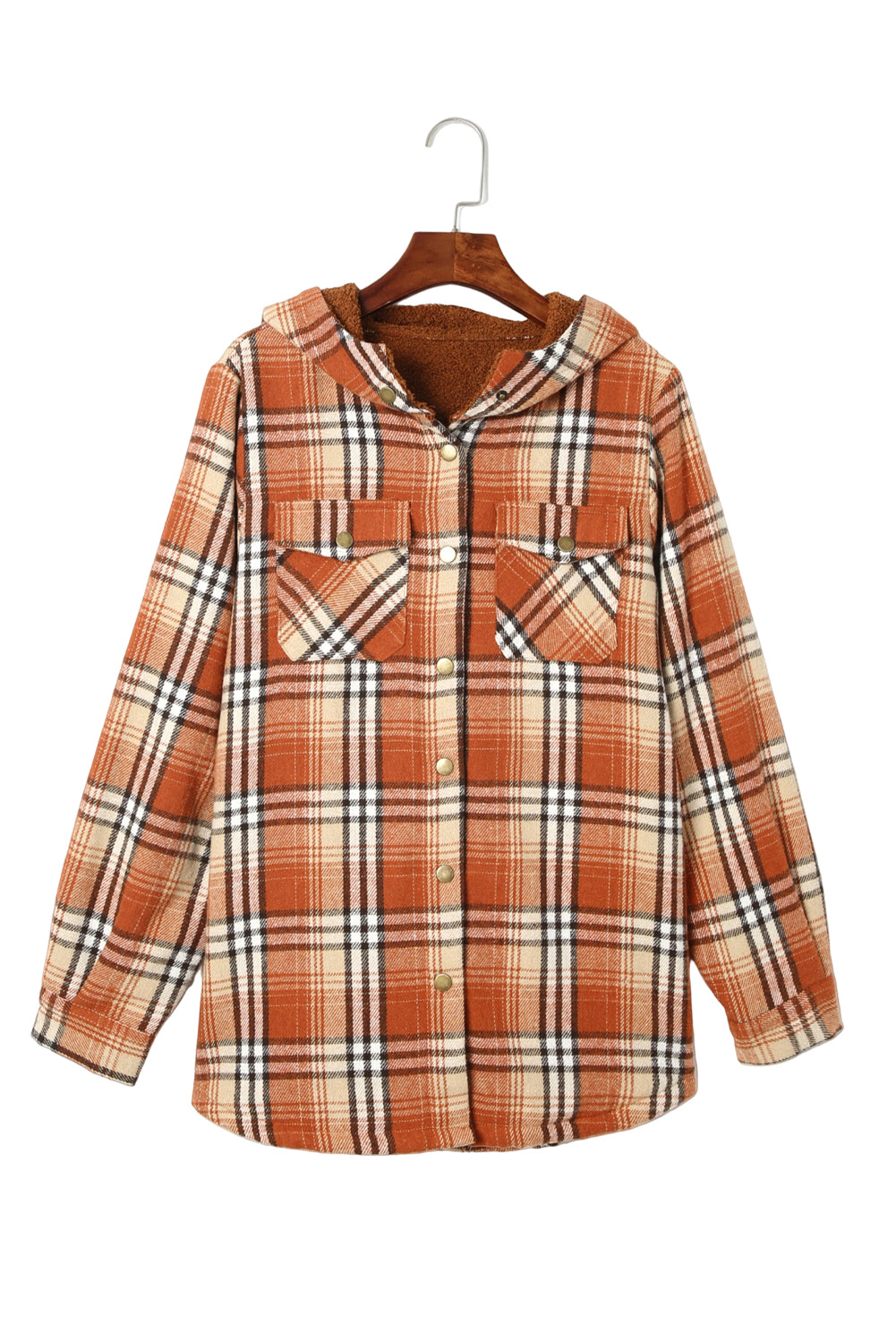 Plaid Pattern Sherpa Lined Hooded Shacket | Orange