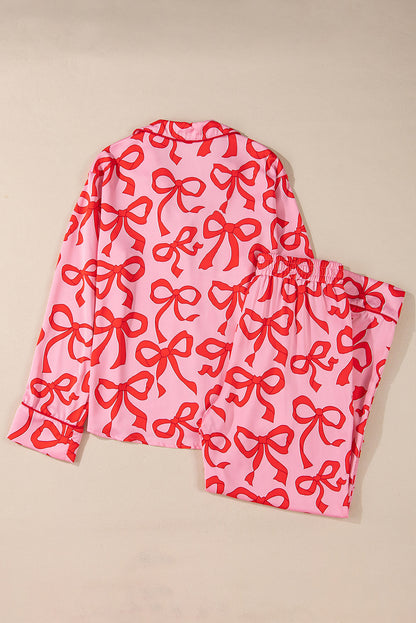 2Pcs Bow Print Shirt Style Long Sleeve Pajama Set | Pink