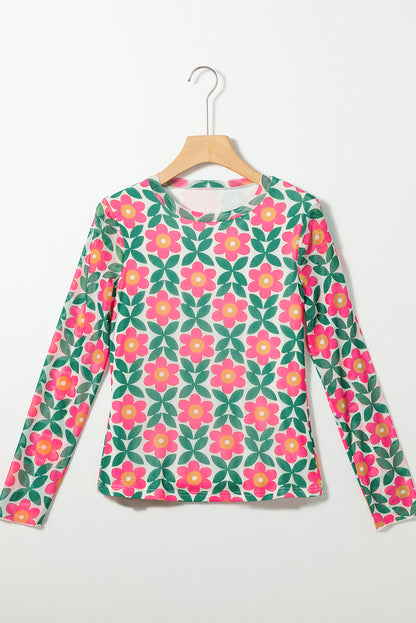 Fiery  Retro Floral Print Stretchy Long Sleeve Top | Red