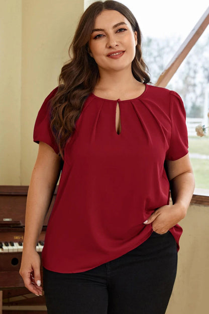 Keyhole Pleated Crew Neck Plus Size T Shirt | Red Dahlia