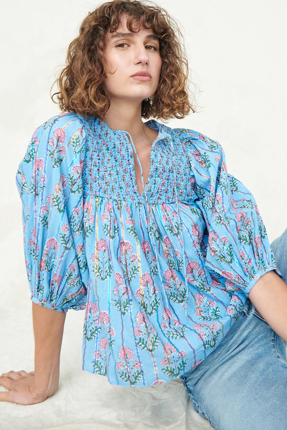 Floral Striped Print Shirred Yoke Split Neck Blouse | Sky Blue