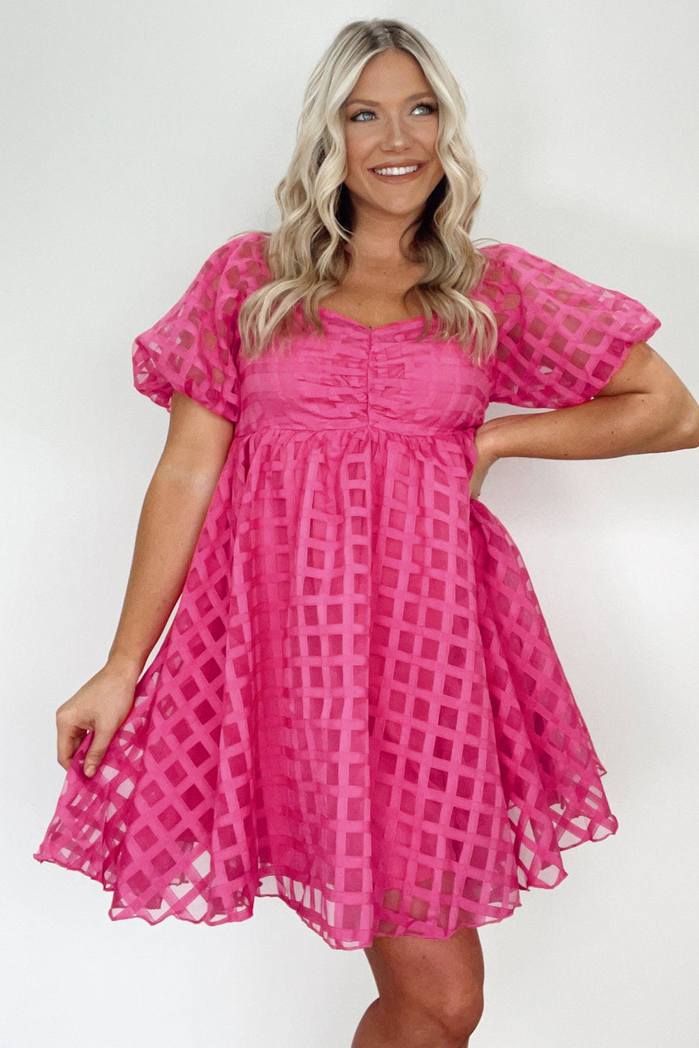 Checkered Puff Sleeve Babydoll Dress | Strawberry Pink