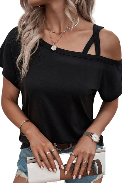 Asymmetric Criss Cross One Shoulder T Shirt | Black