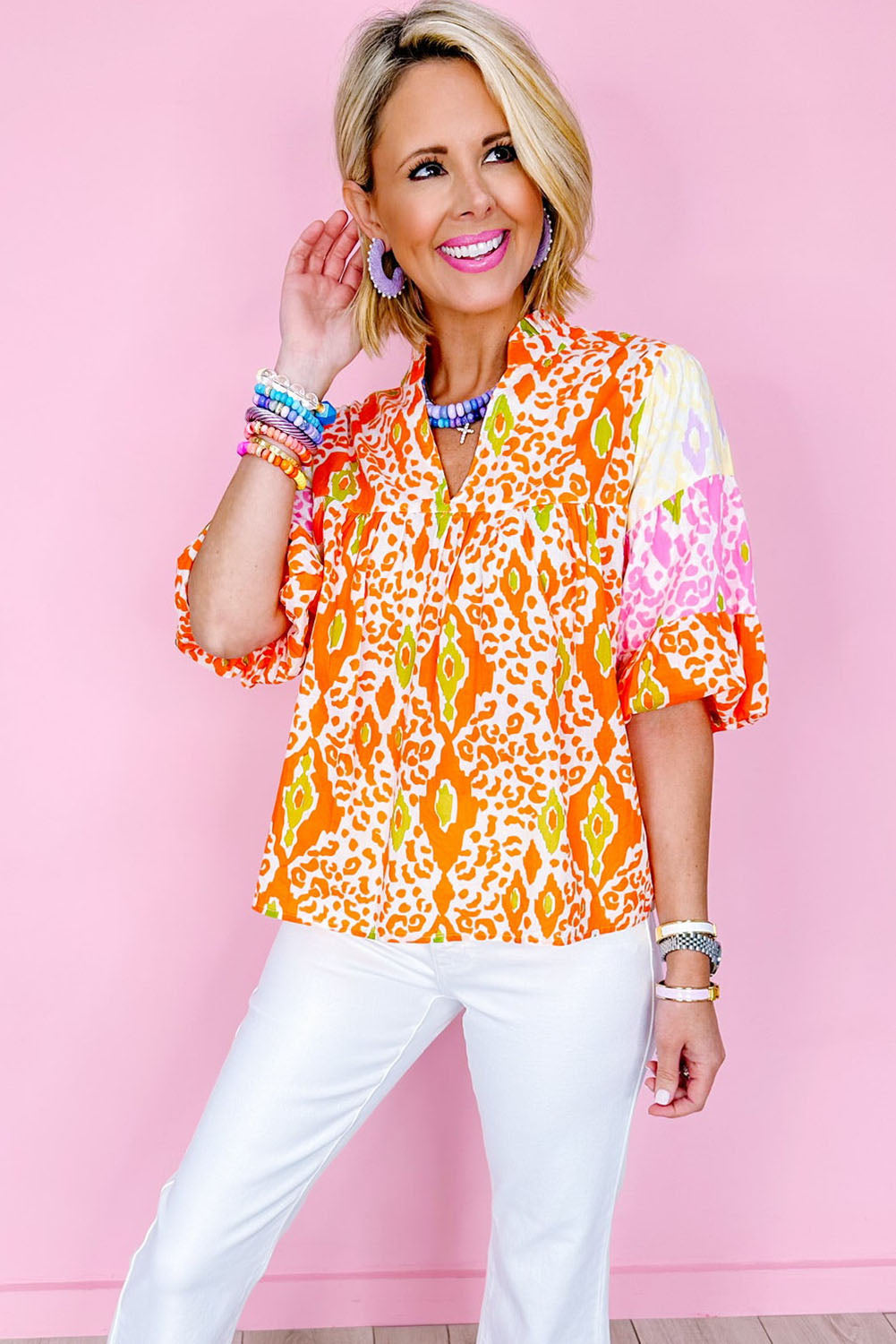 Leopard Colourblock Puff Sleeve Split Neck Blouse | Orange