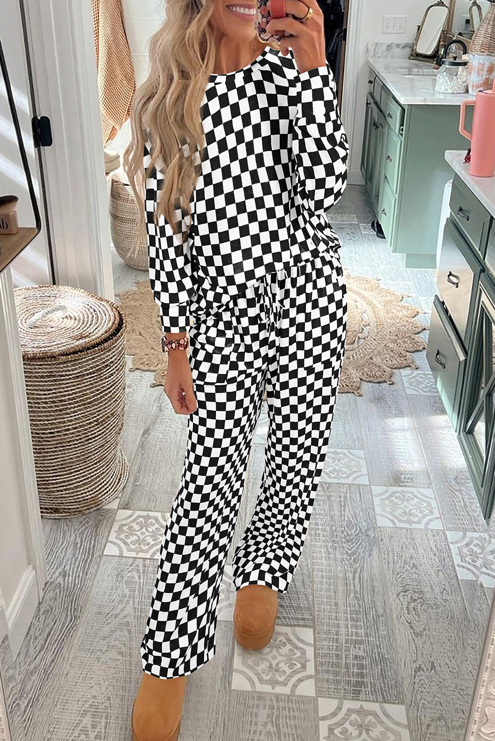 Black Checkered Print Long Sleeve Top and Pants Lounge Set