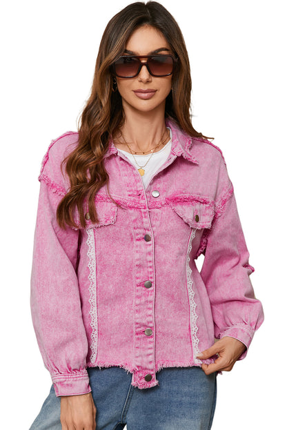 Lace Patchwork Distressed Buttoned Denim Jacket | Pink