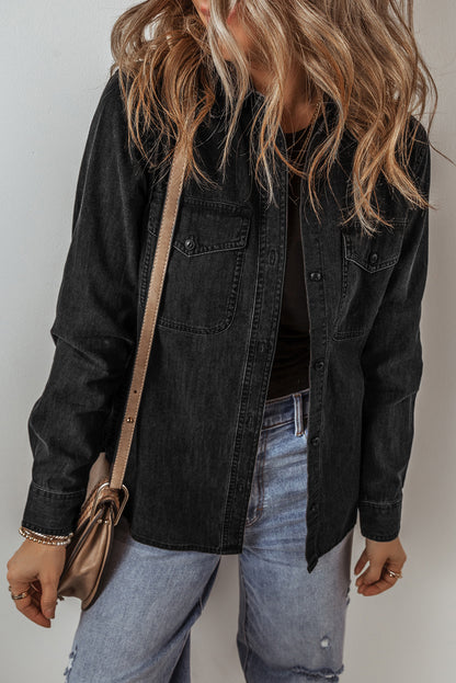 Flap Pocket Buttons Collared Jean Jacket | Black