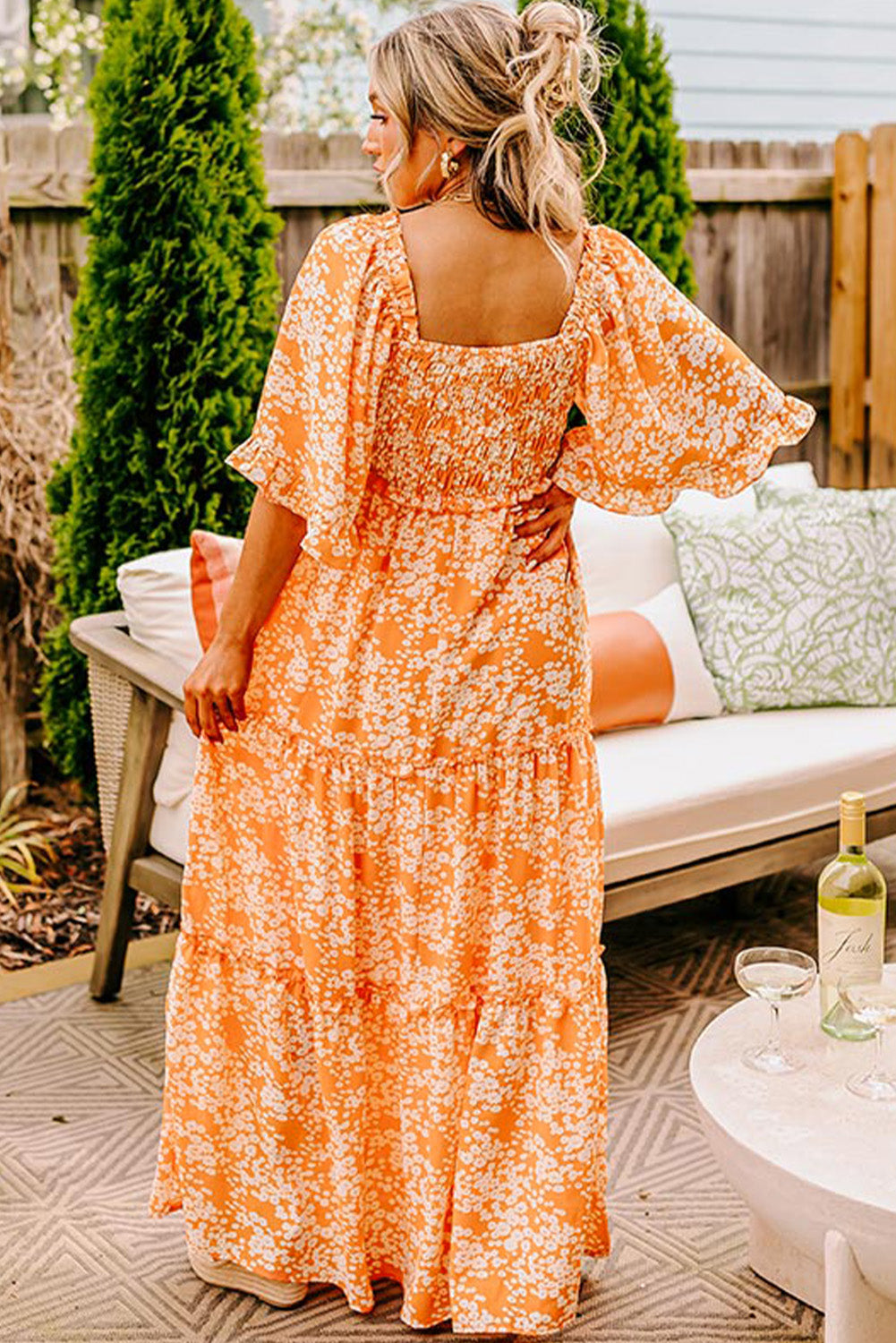 Floral Print Smocked V Neck Wide Sleeve Maxi Dress | Orange