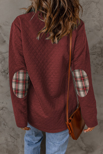 Fiery  Geometric Texture Plaid Trim Sweatshirt | Red